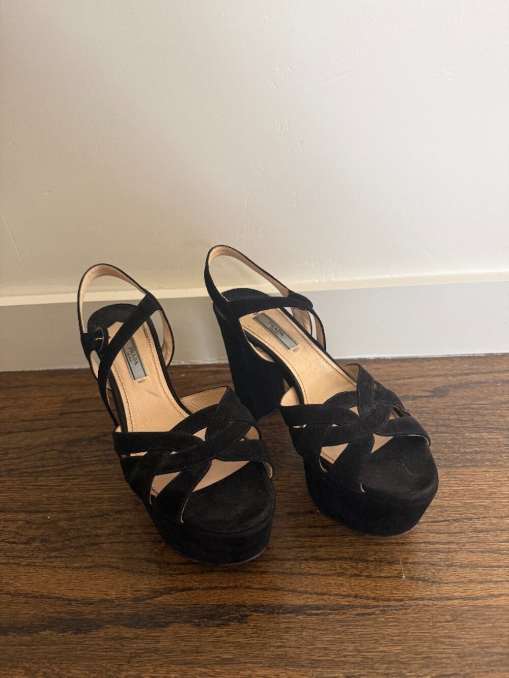 Prada Black Suede Ankle Strap Platform Sandals Size 38